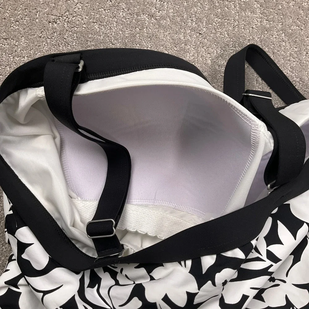 Lands End‎ Tankini Top Womens 16D Black White Hibiscus Bandeau Swim Resort Beach